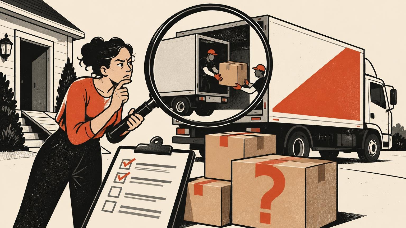 Editorial illustration of a worried person examining a moving truck with a large magnifying glass while movers carry a box; a checklist clipboard and stacked moving boxes, including one marked with a large question mark, fill the foreground.