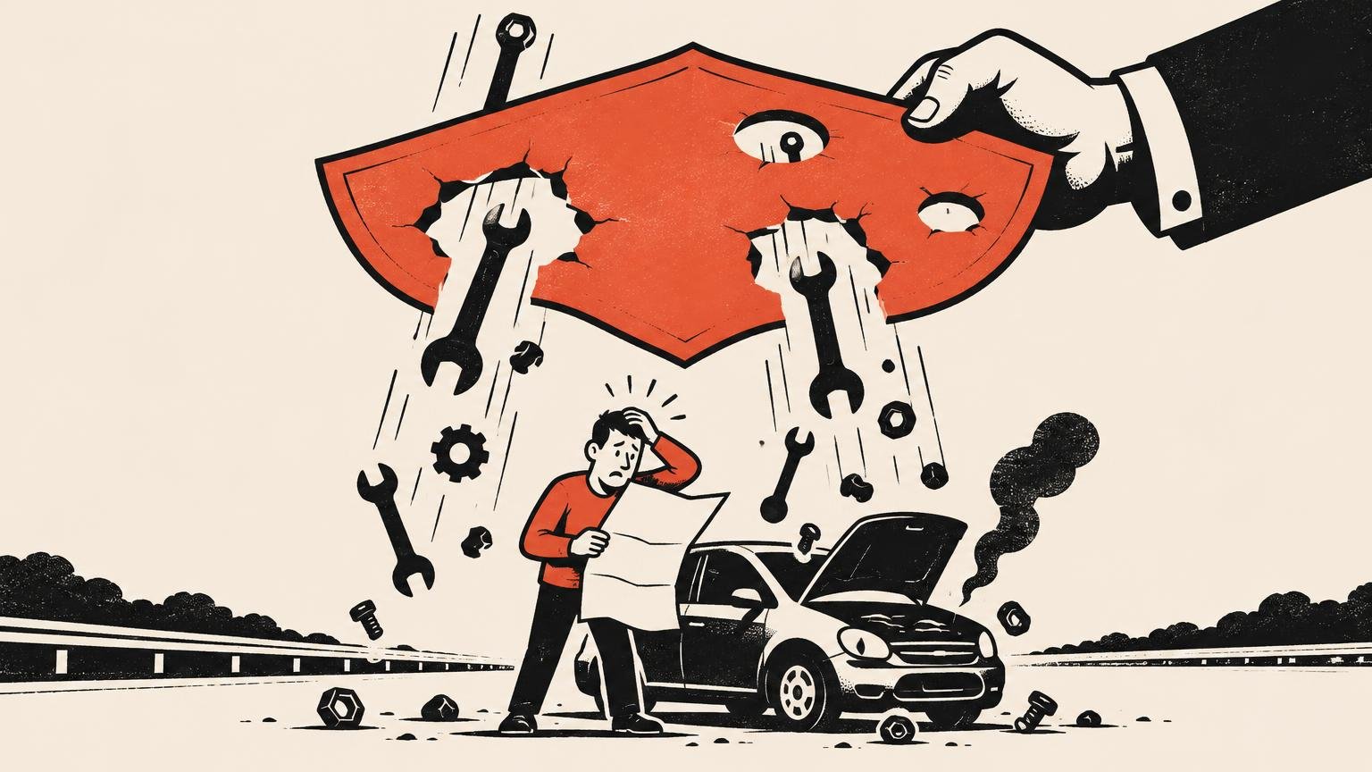 Satirical illustration of a worried driver holding a blank paper beside a smoking car while wrenches, bolts, and parts fall through holes in a large red shield held overhead.