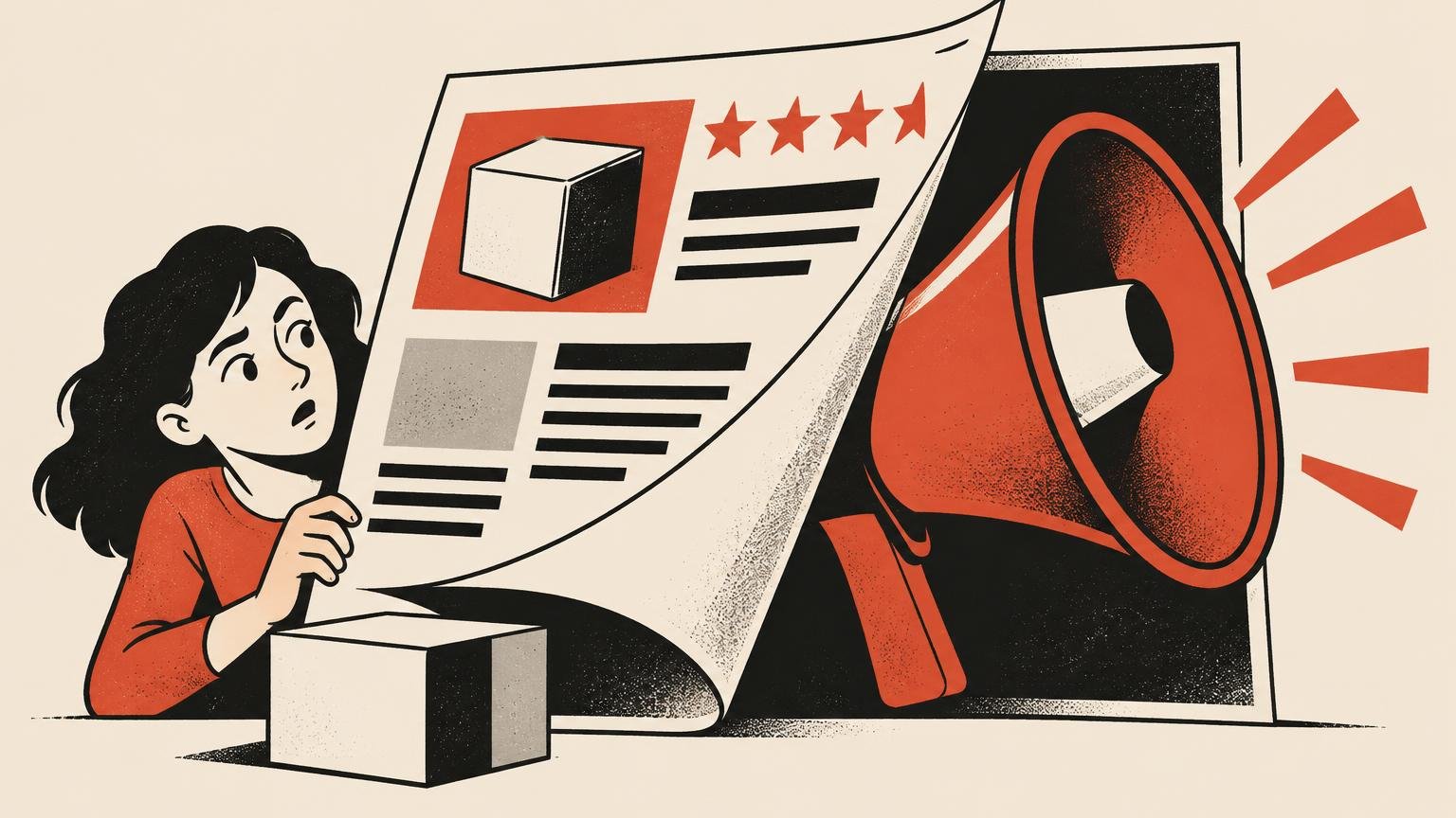 Satirical red, black, and cream illustration of a skeptical person lifting a large product-review page to reveal a red megaphone behind it, with decorative stars, abstract review lines, and simple product boxes.