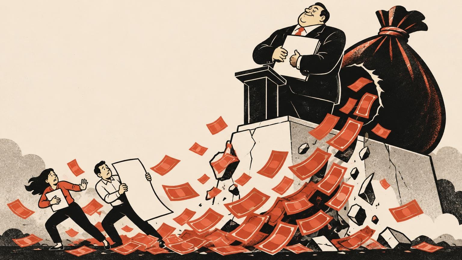 Satirical illustration of a smug suited man at a podium atop a crumbling platform, with a huge torn money bag behind him spilling red-orange bills as two people flee below holding papers.