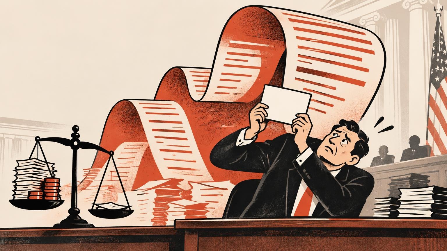 Satirical courtroom illustration of a worried suited man holding up a blank card as oversized red-and-cream legal papers curl behind him; a balance scale weighs documents and stacked coins, with court columns, a U.S. flag, and paper stacks in the background.