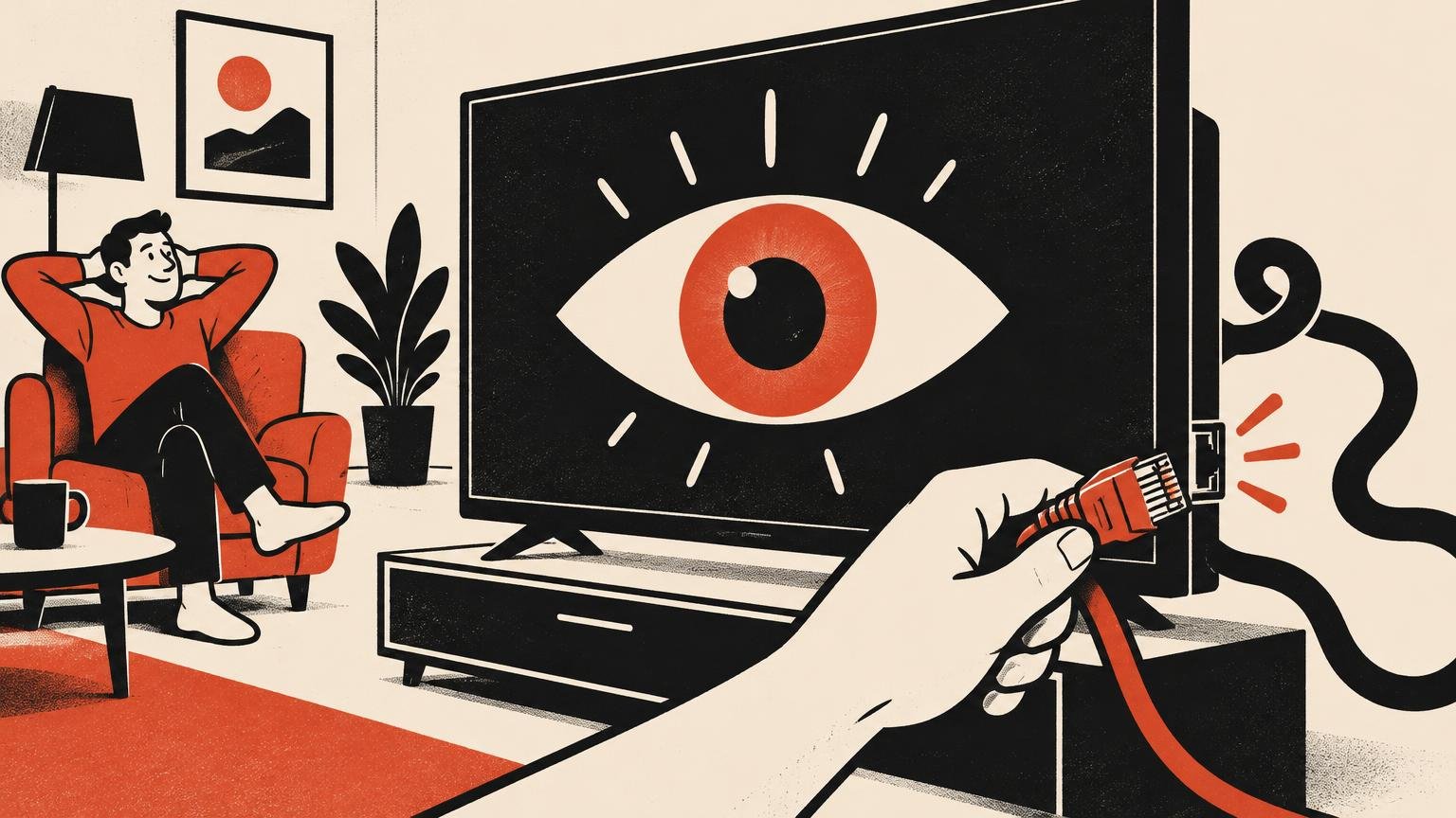 Satirical illustration of a person relaxing beside a large television displaying a watchful eye while a foreground hand pulls out a red power plug.