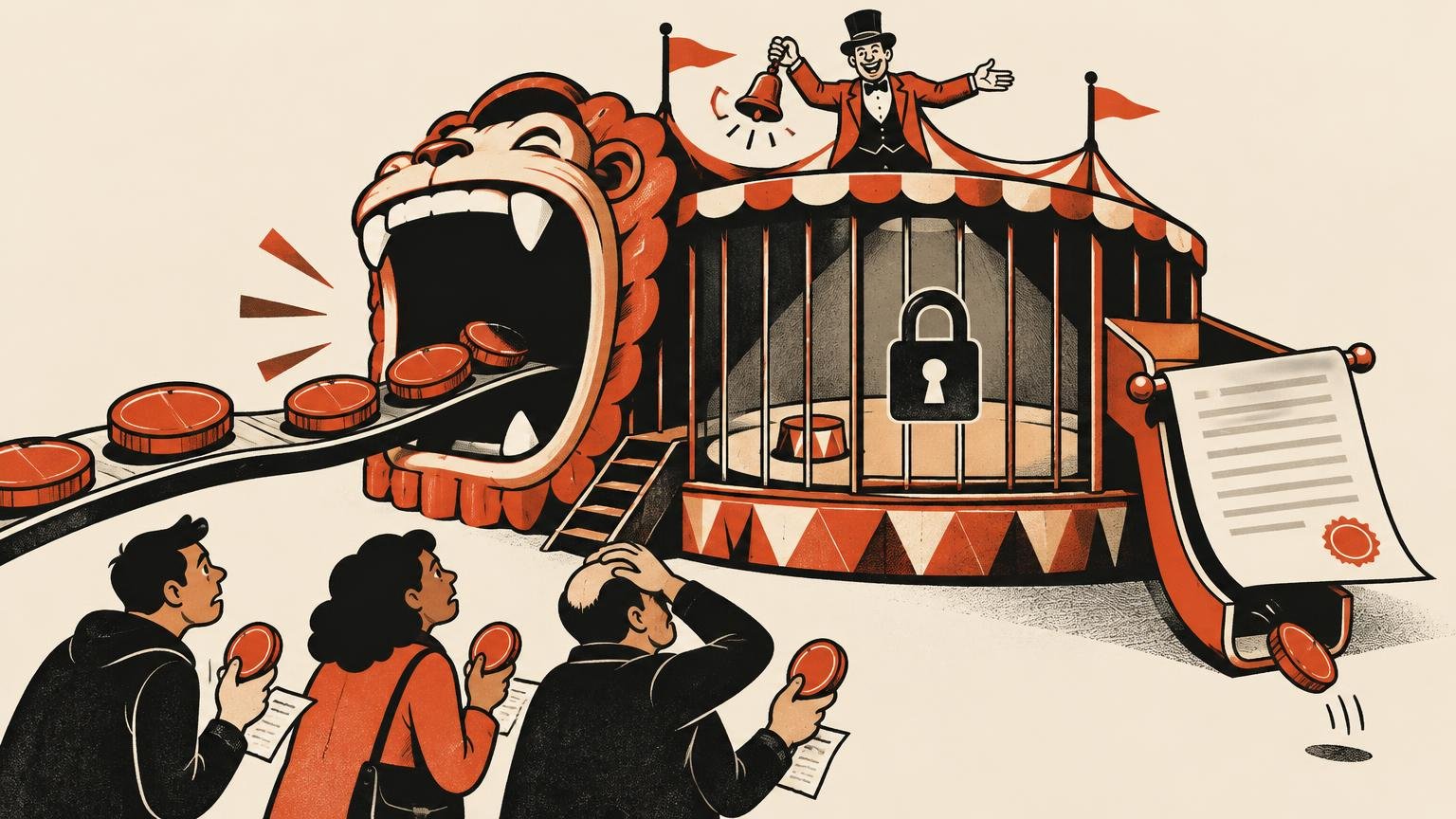 Satirical circus illustration: a ringmaster stands atop a locked cage while a roaring animal head funnels red coins inside and three worried customers hold coins and papers below.