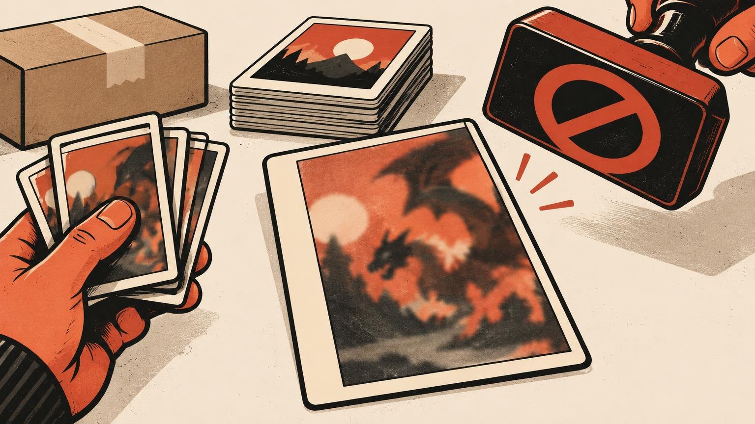 Satirical red, cream, and black illustration of a hand holding small printed cards beside a large blurry, off-center card, a stacked deck, a shipping box, and a red stop symbol.