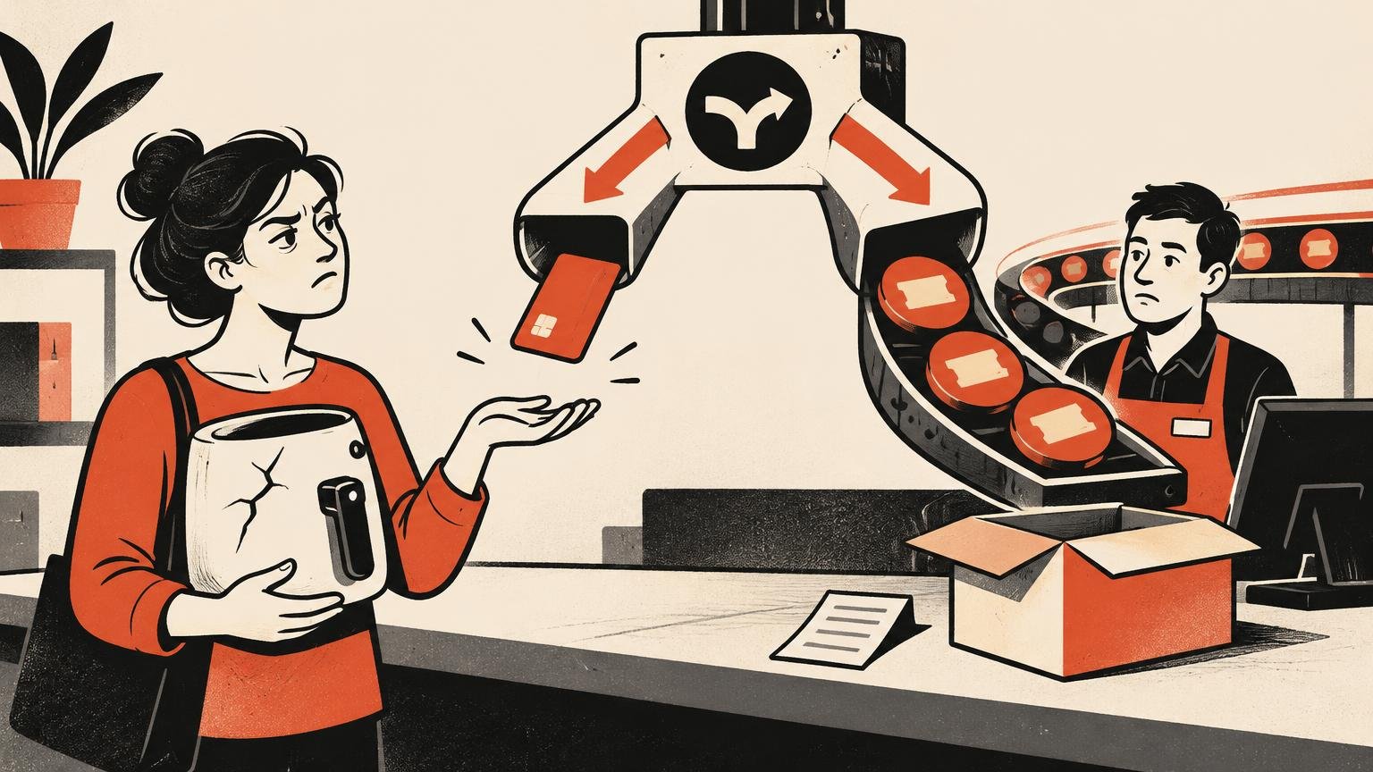 Satirical illustration of a customer holding a cracked appliance at a return counter while a red payment card drops from a large return-routing machine and boxed items move along a conveyor behind a store worker.