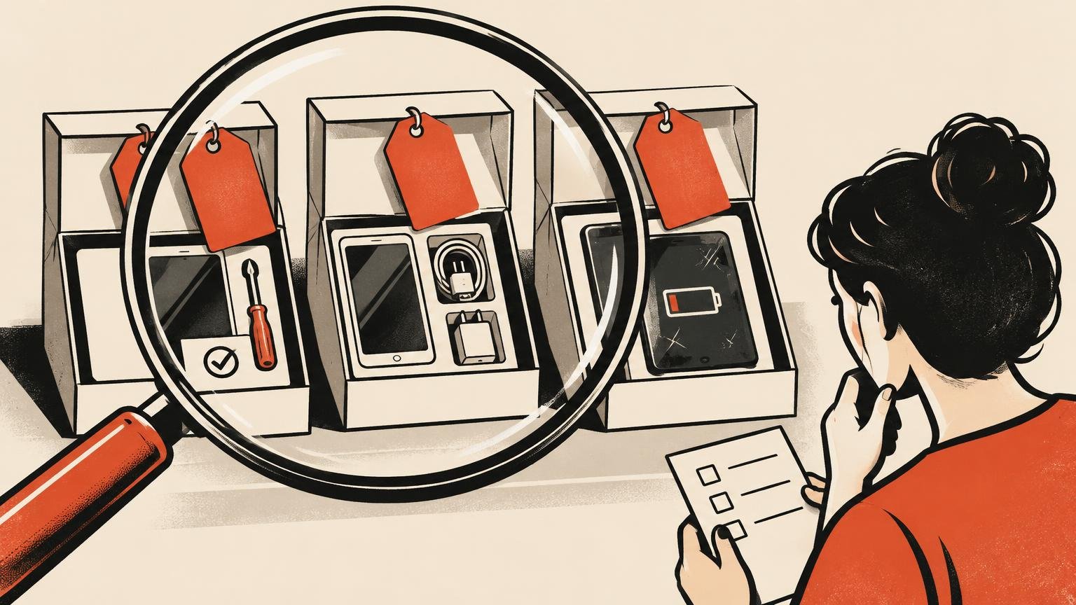 Editorial illustration of a shopper comparing three open device boxes with red price tags through a large magnifying glass, while holding a checklist; the devices show differing accessories, condition, and battery level.