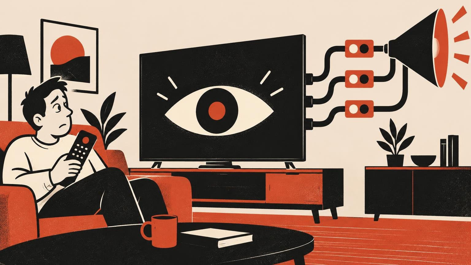 Satirical living-room illustration of a person holding a remote and looking at a television displaying a large eye, with three cables running from the TV through toggle-like blocks to a glowing megaphone.