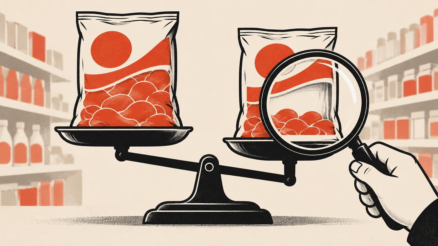 Editorial illustration of two similar cream-and-red grocery bags on a tilted balance scale in a supermarket aisle; the left bag appears fuller, while a magnifying glass held at right reveals the smaller amount inside the right bag.