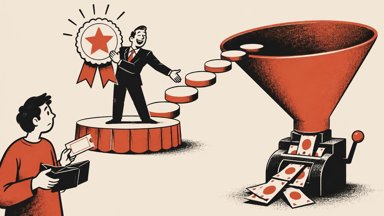 Satirical ink illustration of a smiling suited promoter holding a large star medal on a stage, gesturing toward a giant red funnel that leads to a machine dispensing patterned bills, while a concerned person holds an open wallet and ticket in the foreground.
