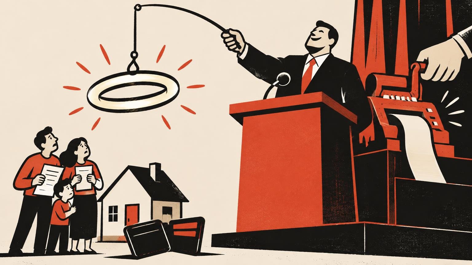 Satirical red, black, and cream illustration of a smiling suited man at a podium fishing with a glowing halo-shaped ring, while a large hand operates a receipt-printing machine beside him. A worried family holds papers near a small house and open wallet.