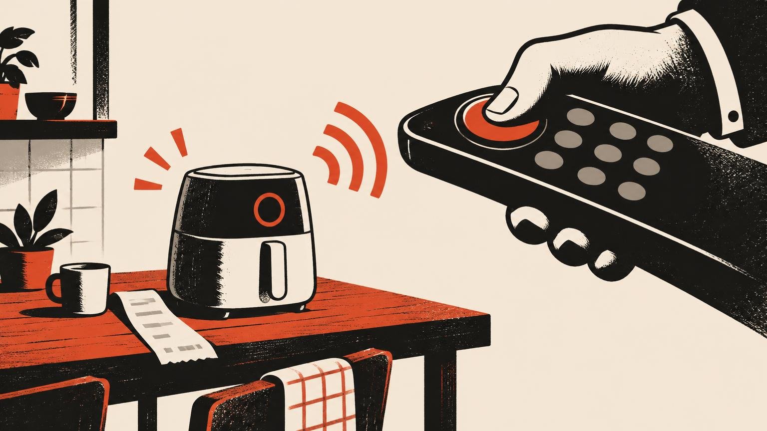 Satirical illustration of a countertop household appliance on a red-orange table beside an abstract receipt, receiving a wireless signal from an oversized remote held by a hand entering from the right.